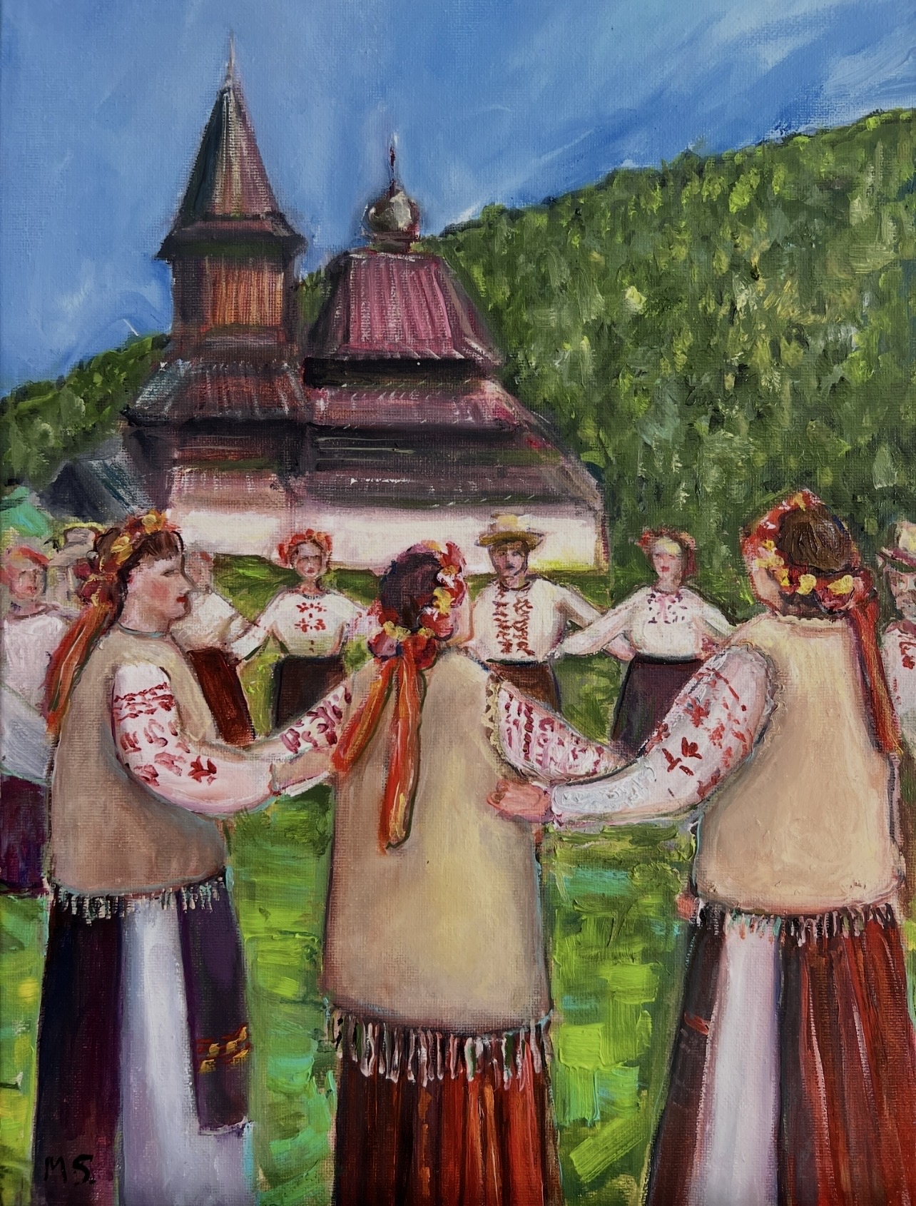 Ukrainian Spring Round Dance Haivka — original painting by Marina Stognieva, oil on canvas, 30 × 40 cm, 2026